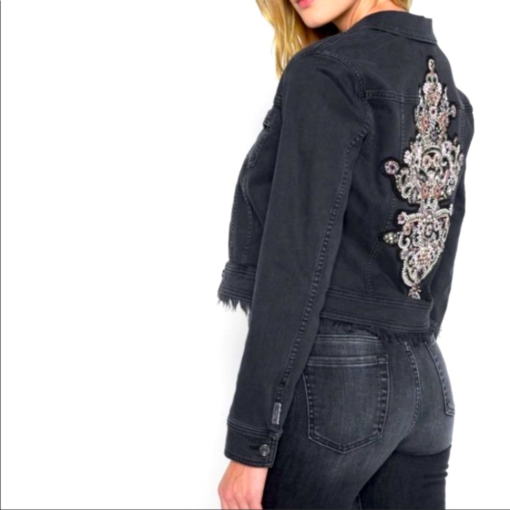 7FAM XS Baroque Black Denim Jacket Jewel Appliqué
